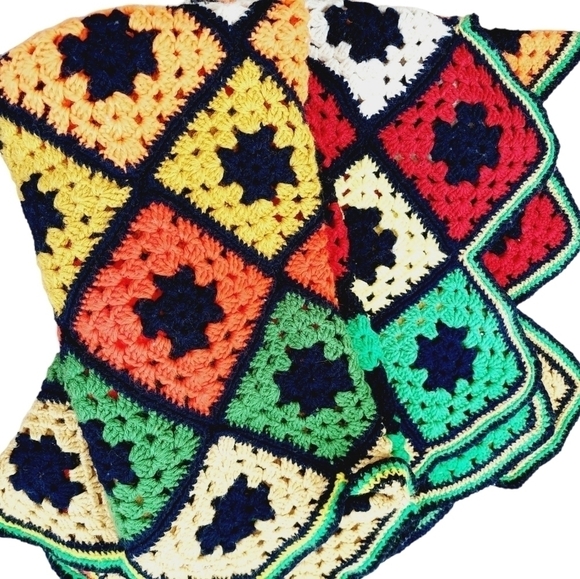 VTG Granny Square Afghan Blanket SOFA THROW Crocheted  Fluorescent Rainbow 44x72 - Picture 3 of 11